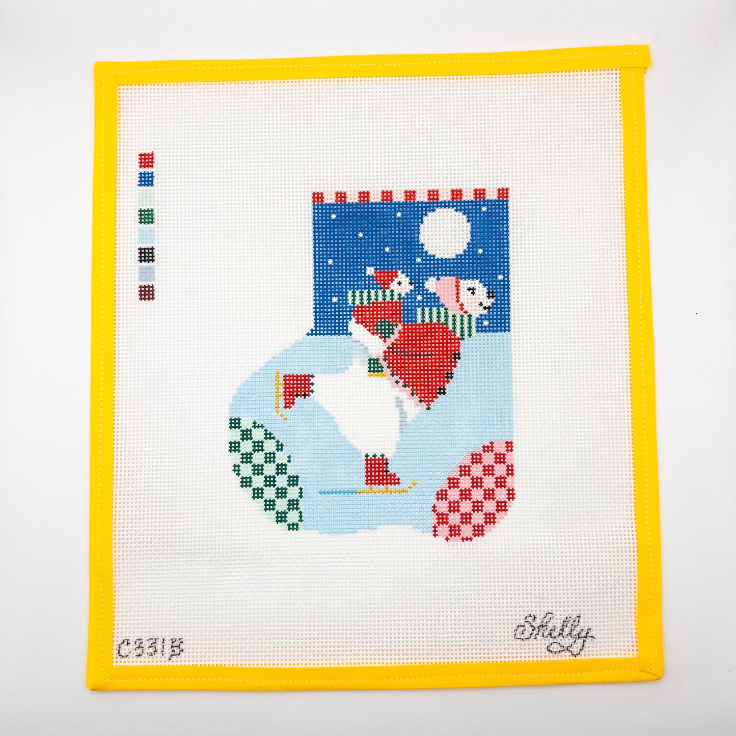 Holiday Polar Skaters Mini-Stocking Needlepoint Canvas - Summertide Stitchery - Shelly Tribbey Designs