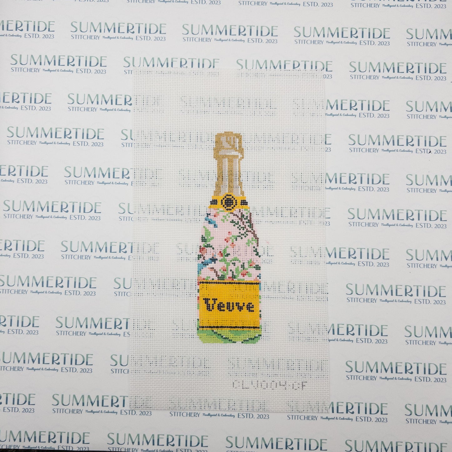 Chinoiserie Floral Veuve Bottle Needlepoint Canvas - Summertide Stitchery - C'ate La Vie