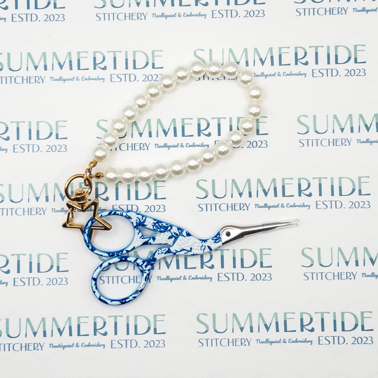 My Mykonos Stork Scissors with Pearl Fob - Summertide Stitchery - Victoria Whitson Needlepoint