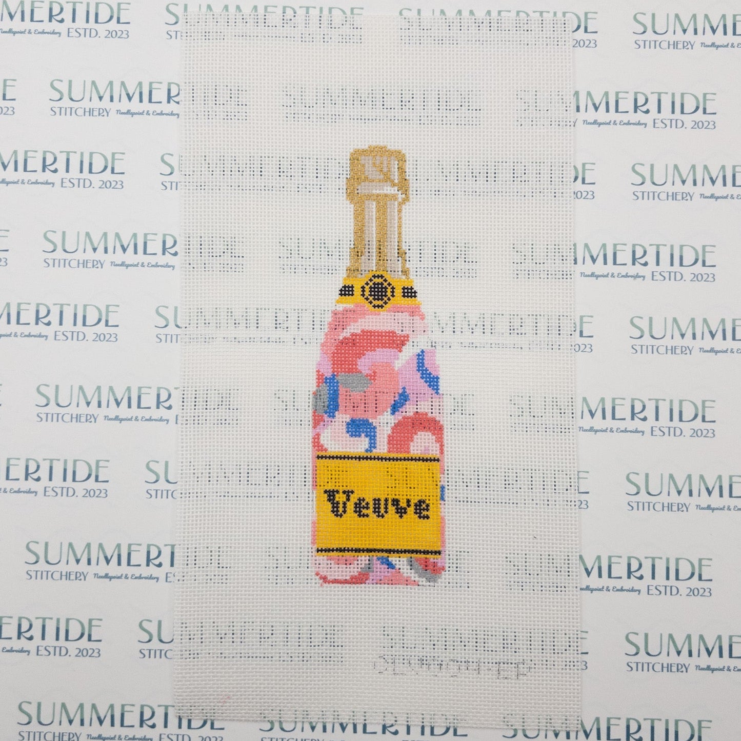 Pink Swirl Veuve Bottle Needlepoint Canvas - Summertide Stitchery - C'ate La Vie