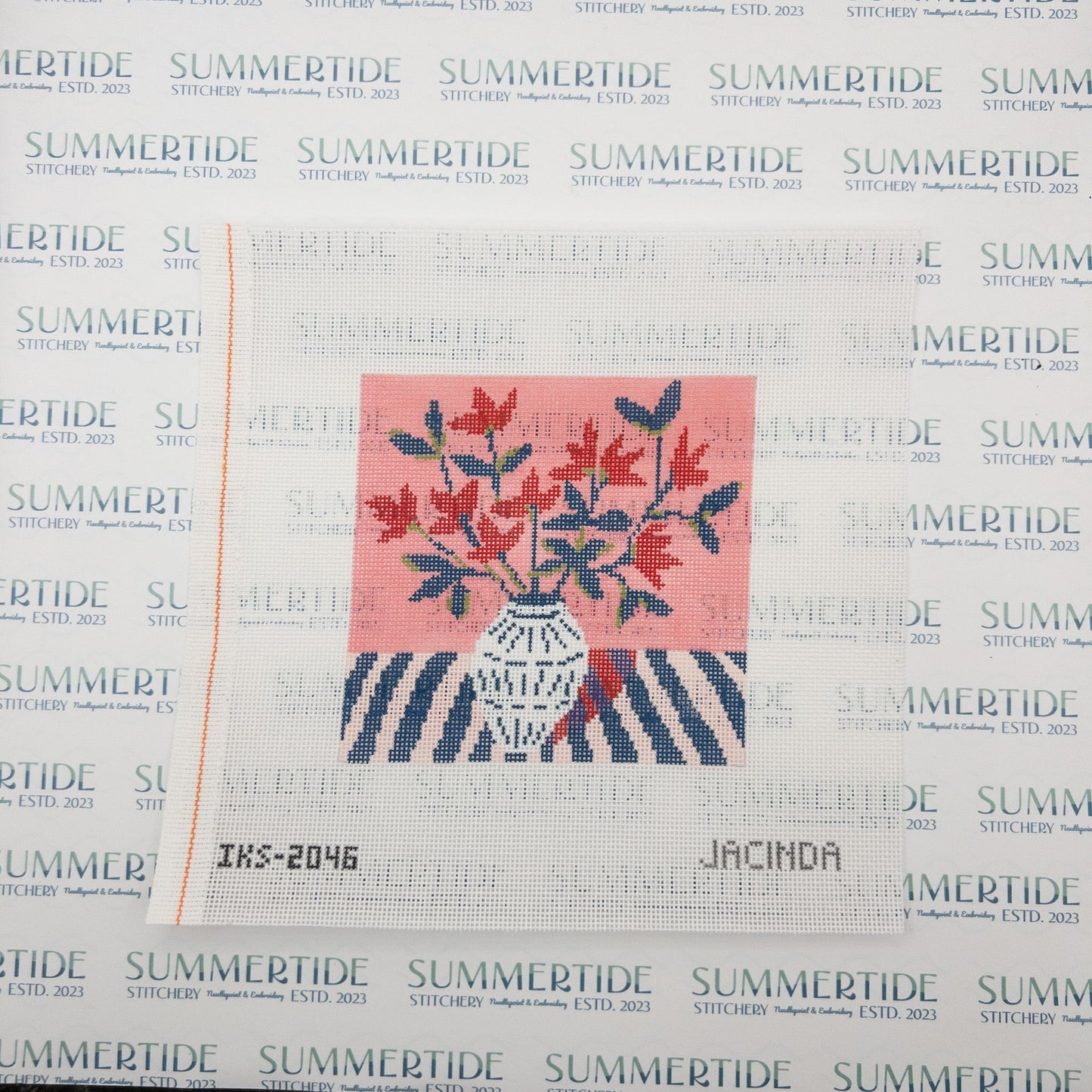 Red Flower Blue Vase Needlepoint Canvas - Summertide Stitchery - Initial K Studio
