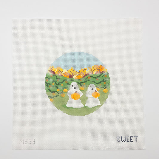 Ghosts Picking Pumpkins Needlepoint Canvas - Summertide Stitchery - Maddie Sweet