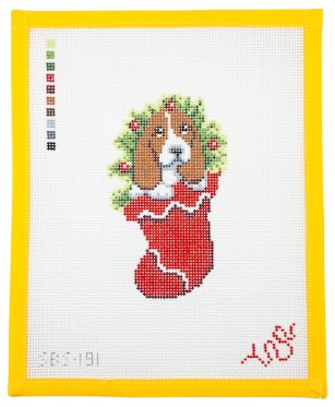 Basset in Stocking Needlepoint Canvas - Summertide Stitchery - Spellbound Stitchery