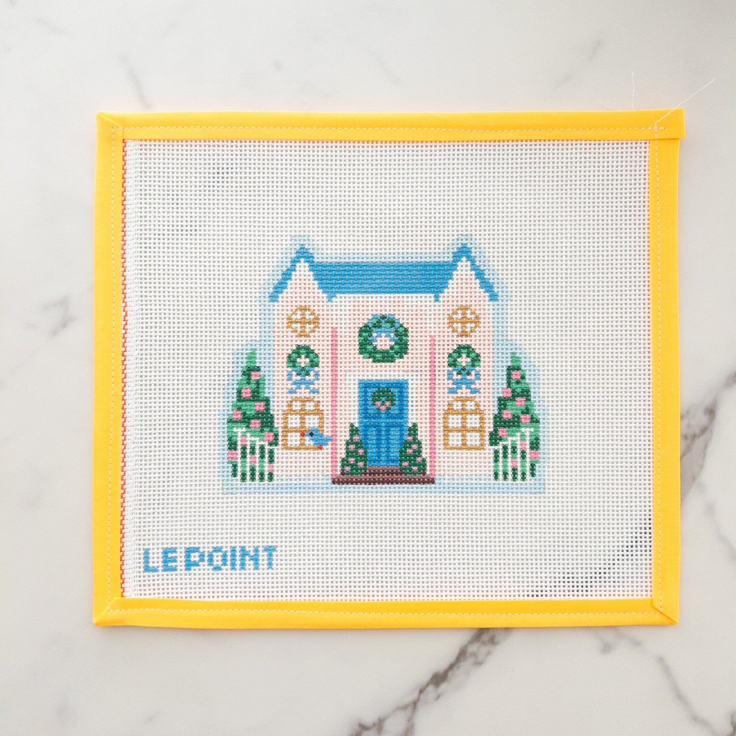 Christmas Village Pink House Needlepoint Canvas - Summertide Stitchery - Le Point Studio