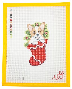 Corgi in Stocking Needlepoint Canvas - Summertide Stitchery - Spellbound Stitchery