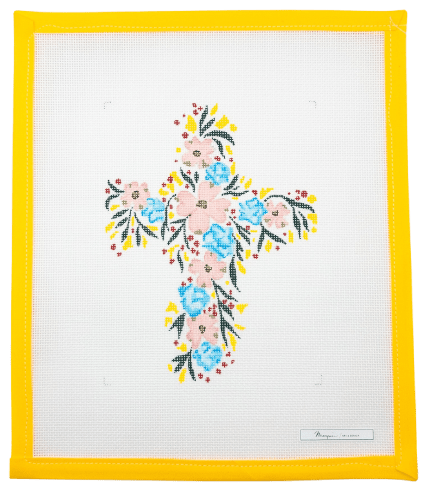 Floral Cross Needlepoint Canvas - Summertide Stitchery - Atlantic Blue Canvas