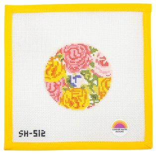 Grandma's Roses Round Needlepoint Canvas - Summertide Stitchery - Atlantic Blue Canvas