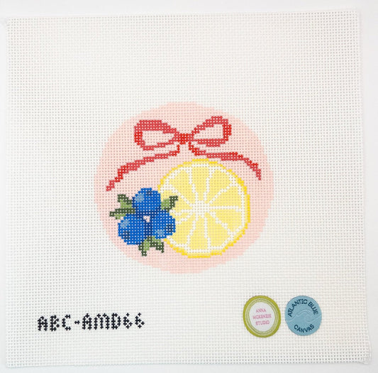 Lemon and Blueberry Bow Needlepoint Canvas - Summertide Stitchery - Atlantic Blue Canvas