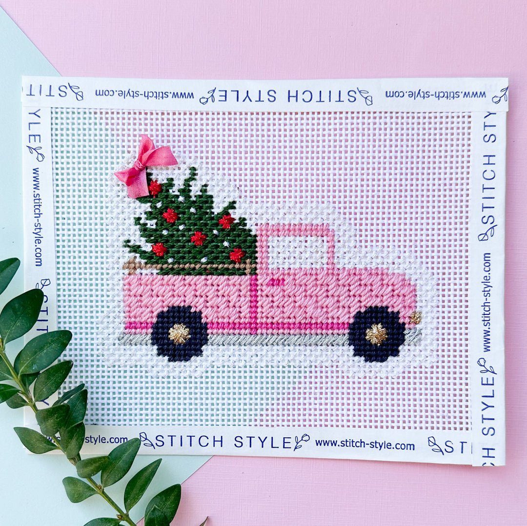 Pink Christmas Truck Needlepoint Canvas - Summertide Stitchery - Stitch Style Needlepoint