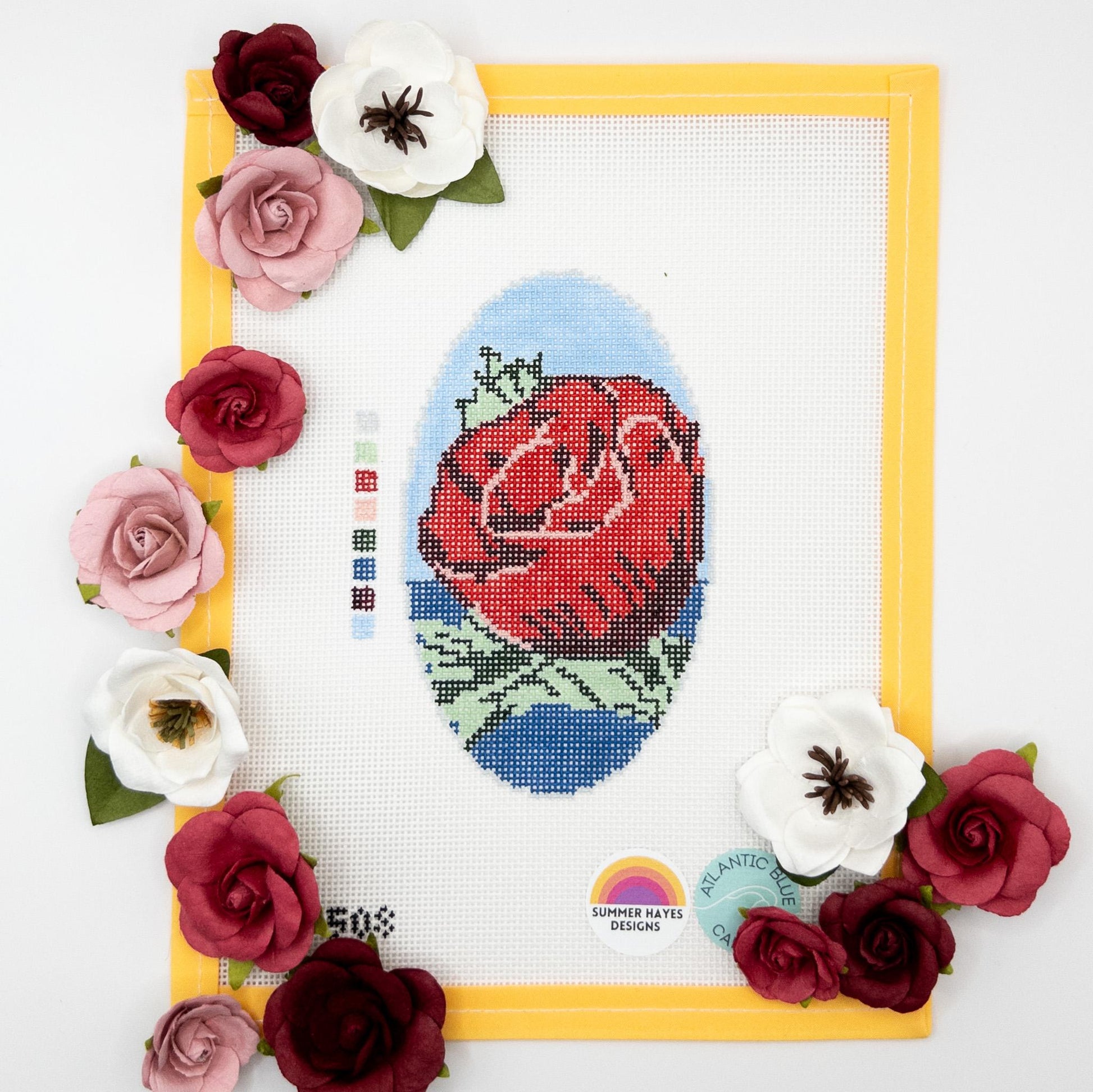 Vintage Floral Poppy Oval Needlepoint - Summertide Stitchery - Atlantic Blue Canvas